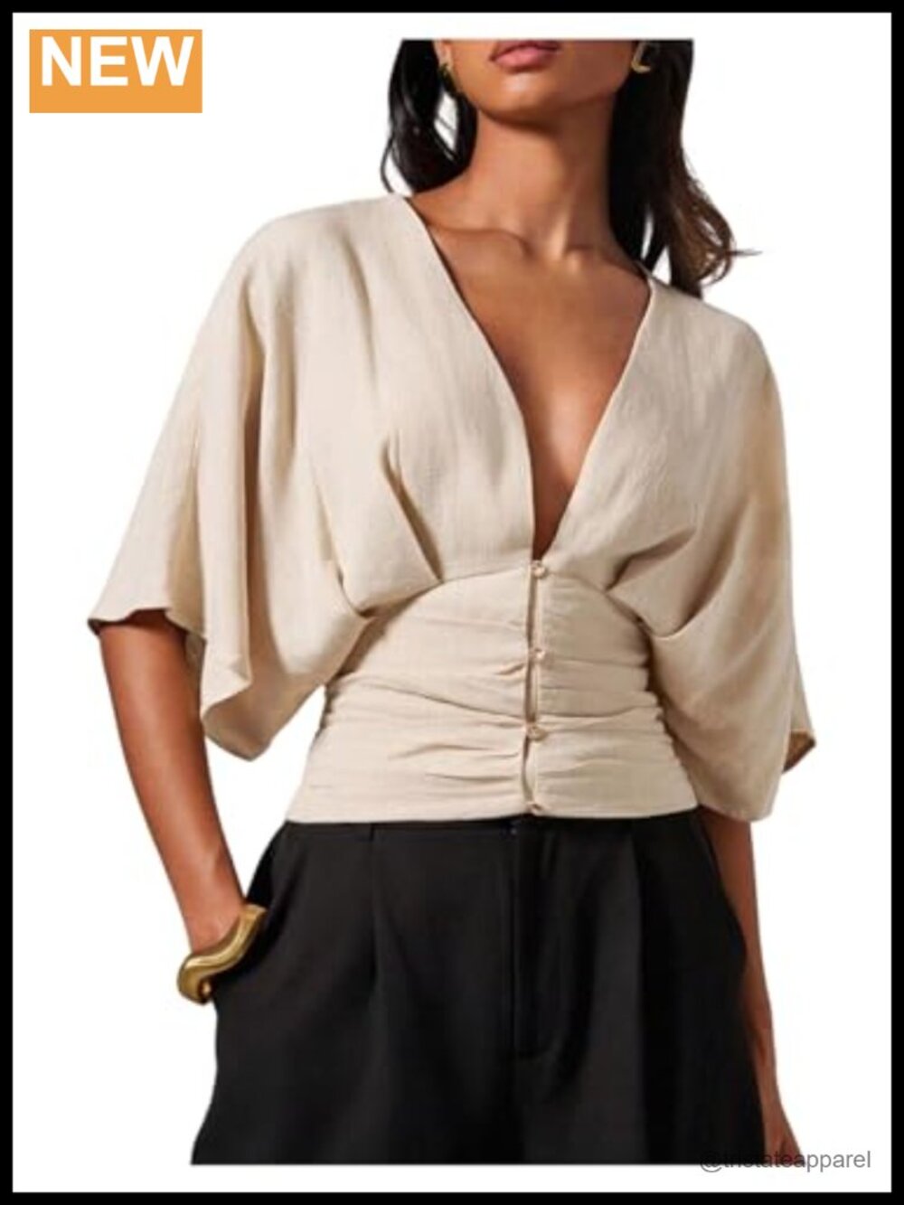 Women's Linen Deep V Cinched Waist Blouse Short Sleeve Dressy Top